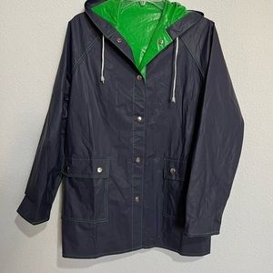 Vintage Vinyl Apple Green & Navy Retro Raincoat with Hood Drawstring Like New  M